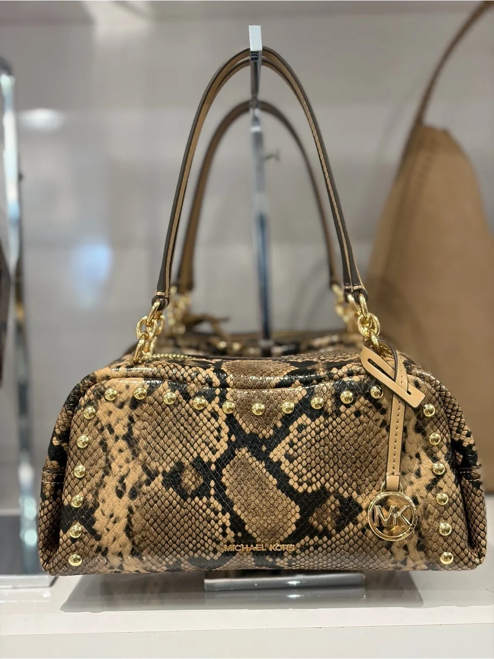 Michael Kors Tan Cecily Small Studded Snake Embossed Shoulder Crossbody Bag